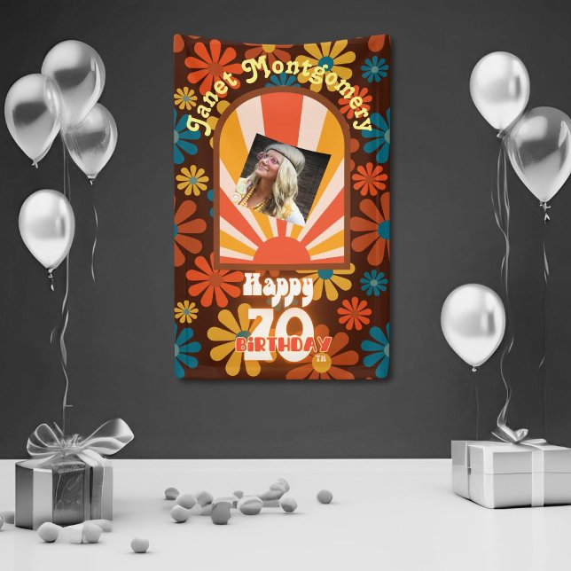Retro 60er Blume Power Custom Foto 70th Birthday Banner (Von Creator hochgeladen)