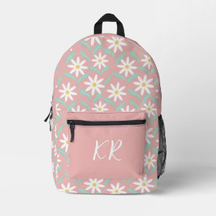 Retro 60er Blume Power Weißes Blumenrosa Initialen Bedruckter Rucksack