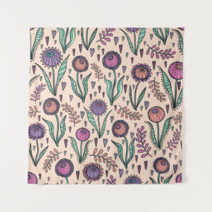 Retro 60er floral. Vintage Handdarstellung Wandteppich