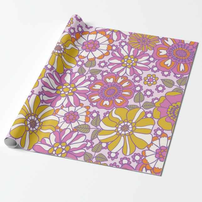 Retro 60er floral. Vintages Illustrationsmuster  Geschenkpapier (Ungerollt)
