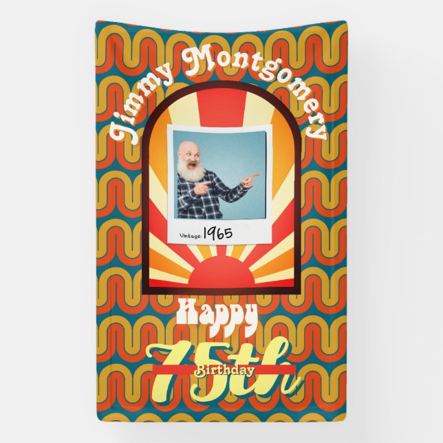 Retro 60er Groovy Wave Custom Foto Geburtstag Banner (Vertikal)