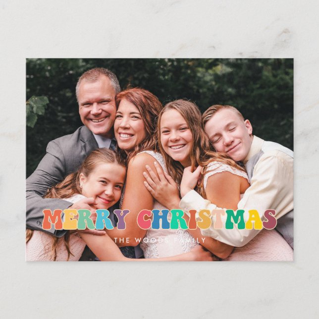 Retro 60er Hippie Fun Frohe Weihnachtsfamilie Foto Postkarte (Vorderseite)