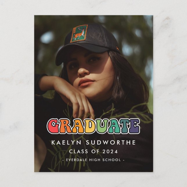 Retro 60er Hippie Spaß Abschluss Foto Ankündigung Postkarte (Vorderseite)