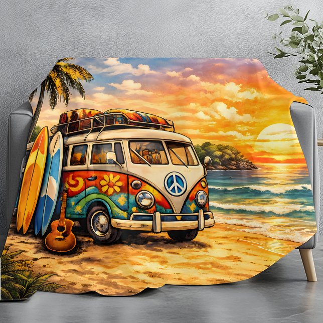 Retro 60er Hippie-Strandbus Sonnenuntergang | Surf Fleecedecke (Von Creator hochgeladen)
