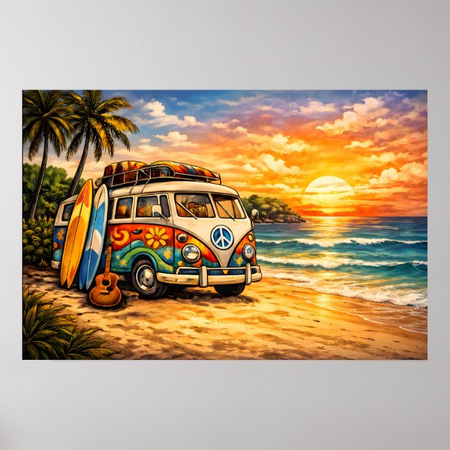 Retro 60er Hippie-Strandbus Sonnenuntergang | Surf Poster (Vorne)