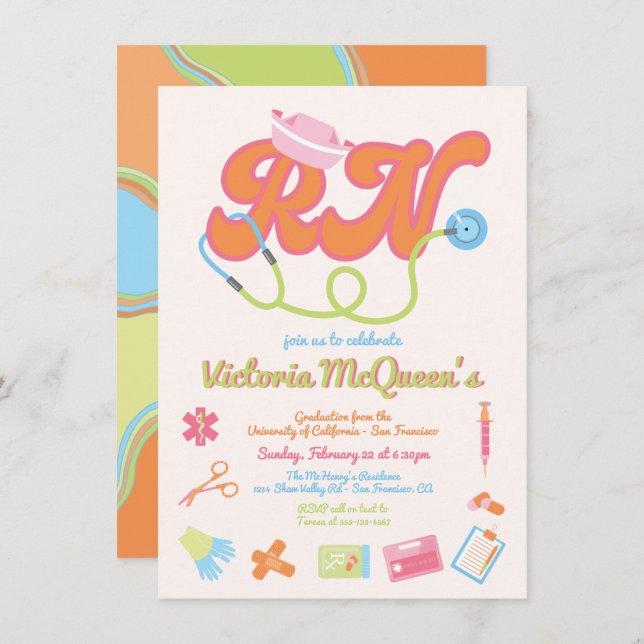 Retro 60er Jahre 70er-Krankenversicherung Abschlus Einladung (Vorne/Hinten)