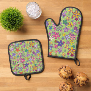 Retro 60er Jahre Nostalgische Vintage Groovy-Blume Ofenhandschuh & Topflappen-Set