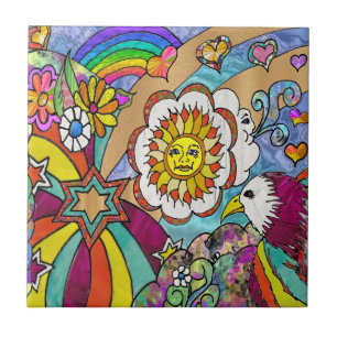 Retro 60er Jahre Psychedelische Sonnenschein Adler Fliese