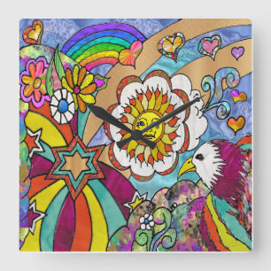 Retro 60er Jahre Psychedelische Sonnenschein Adler Quadratische Wanduhr