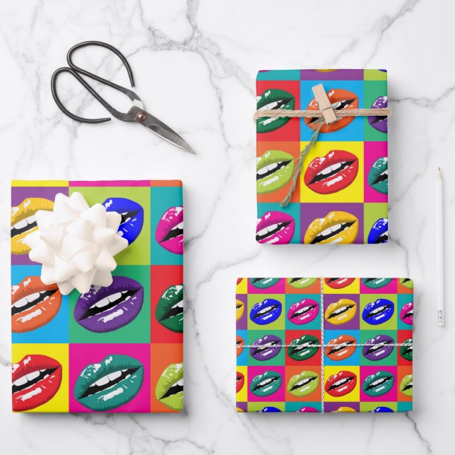 Retro 60er Lips Pop Kultur Geschenkpapier Set (Vorderseite)