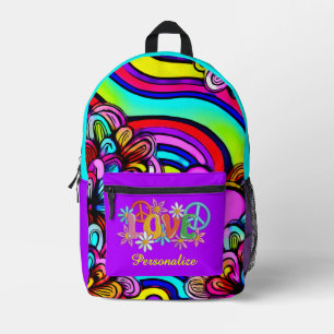 Retro 60er Psychedelic Rainbow Blume mit Liebe Bedruckter Rucksack
