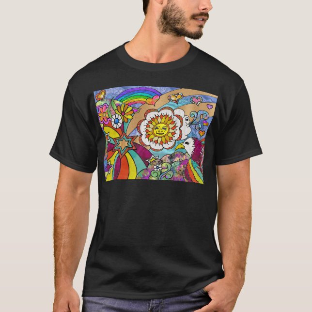 Retro 60er Psychedelic Sunshine Eagle Apparel Gesc T-Shirt (Vorderseite)