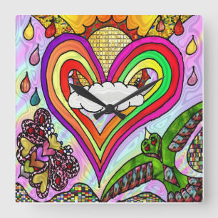 Retro 60er psychedelische Regenbogen-Herz-Uhr Quadratische Wanduhr