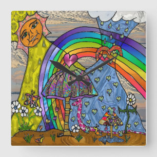 Retro 60er psychedelische Zauberpilze quadratische Wanduhr