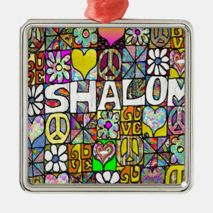 Retro 60er psychedelisches Schalom LIEBE Silbernes Ornament
