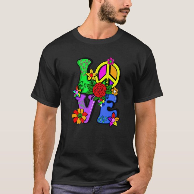 Retro 60's 70's Flower Power Hippy Groovy Love Pea T-Shirt (Vorderseite)