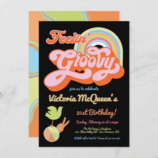 Retro 60's 70's Hippie Groovy Party Einladung (Vorne/Hinten)