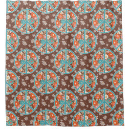 RETRO 60s 70s Hippy Floral Peace Sign Brown Blue  Duschvorhang