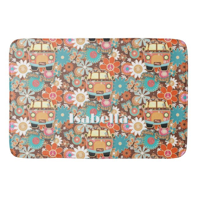 RETRO 60s 70s Hippy Van Feeling Groovy Floral Name Badematte (Vorderseite)