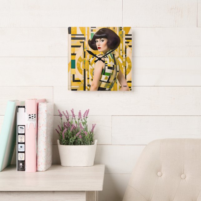 Retro 60's Beauty Geometric fashionplate yellow Quadratische Wanduhr (Lesesaal)