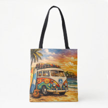 Retro 60s Hippie Beach Bus Sunset | Surf Life Art
