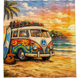 Retro 60s Hippie Beach Bus Sunset | Surf Van Life Duschvorhang
