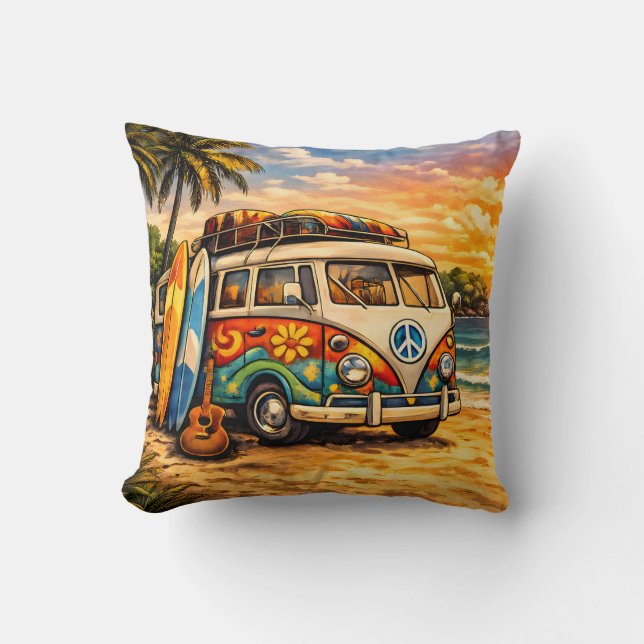 Retro 60s Hippie Beach Bus Sunset | Surf Van Life Kissen (Vorderseite)