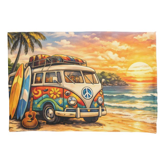 Retro 60s Hippie Beach Bus Sunset | Surf Van Life Kissenbezug (Vorderseite)