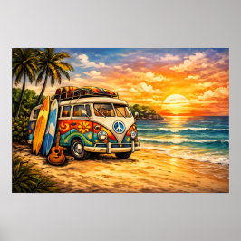 Retro 60s Hippie Beach Bus Sunset | Surf Van Life Poster