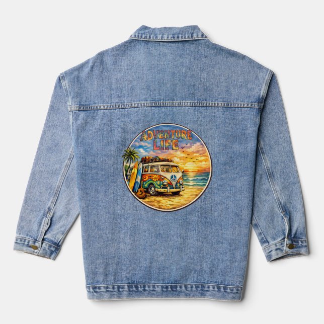 Retro 60s Hippie Beach Sunset | Adventure Van Life Jeansjacke (Rückseite)