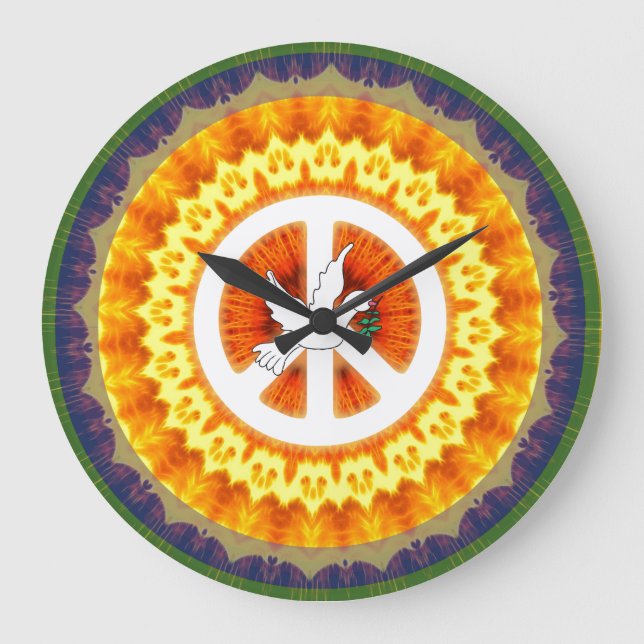 Retro 60s Peace Symbol White Dove Olive Branch Große Wanduhr (Vorderseite)
