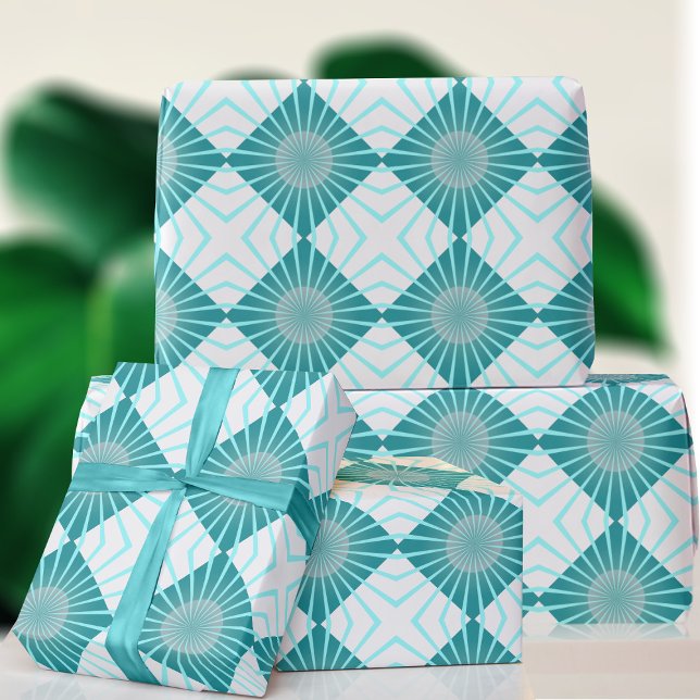Retro 70er Aqua Geometric Circle Square Muster Geschenkpapier (A blue and white geometric wrapping paper just for you)