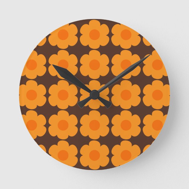 Retro 70er Blume Blumenmuster Orange und Braun Runde Wanduhr (Vorderseite)