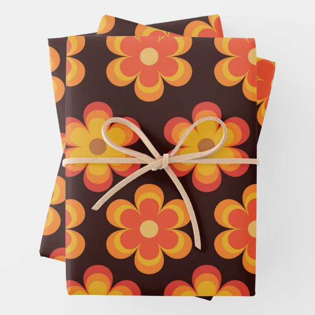 Retro-70er-Blume in orange-gelbes Muster Geschenkpapier Set (Beispiel)