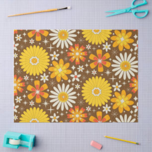 Retro-70er-Blume mit atomaren Sternexplosionen auf Seidenpapier