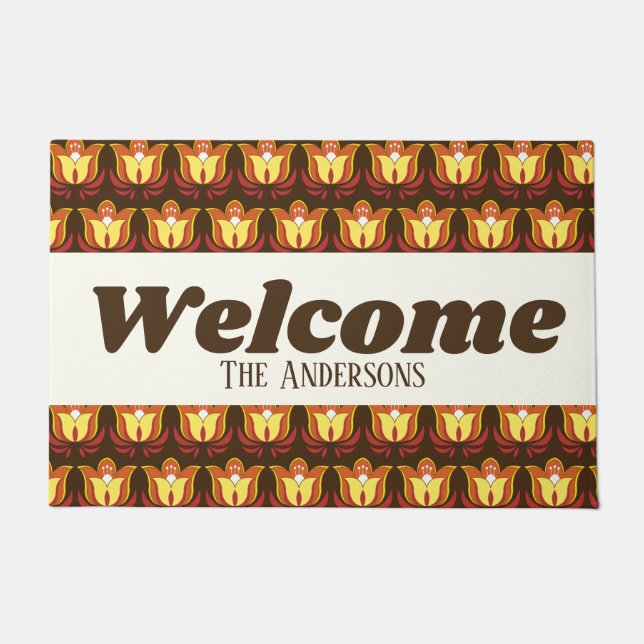 Retro 70er Blumen u. Familienname Fußmatte (Vorderseite)