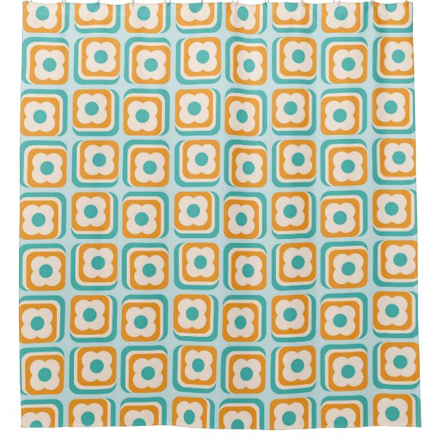 Retro 70er Blumenquadrate, Aqua, Orange, Aquamarin Duschvorhang (Vorderseite)