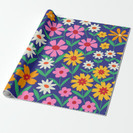 Retro 70er Boho Blumen auf Navy Blue Geschenkpapier