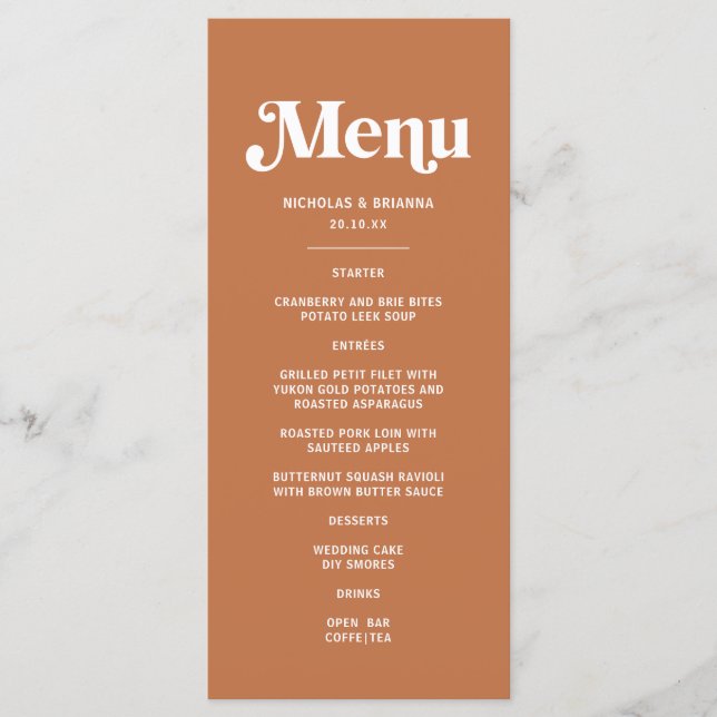 Retro 70er Boho Burnt Orange Wedding Menükarte (Vorderseite)