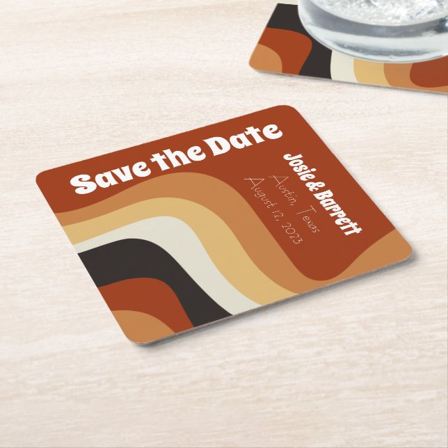 Retro 70er Burnt Orange Groovy Save the Date Rechteckiger Pappuntersetzer (angewinkelt)