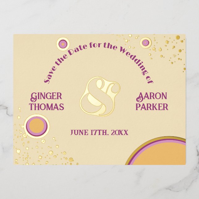 Retro 70er Circle Lila Wedding Save the Date Folie Einladungspostkarte (Vorderseite)