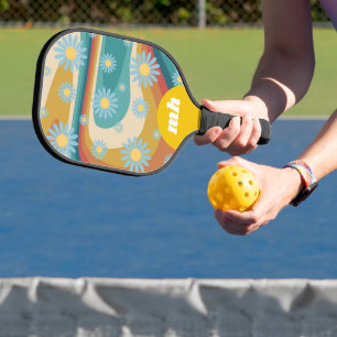 Retro 70er Daisy-Blumen-Monogramm Pickleball Schläger