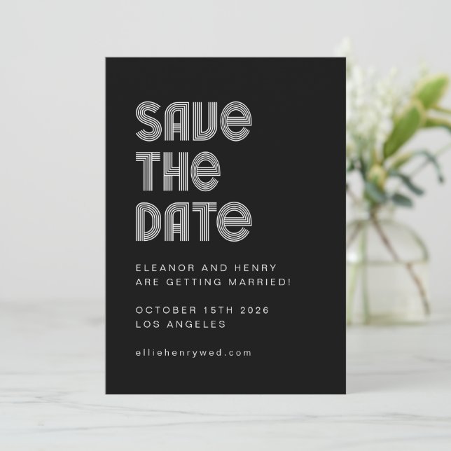 Retro 70er Disco Schriftart Einzigartiger Schwarz- Save The Date (Stehend Vorderseite)