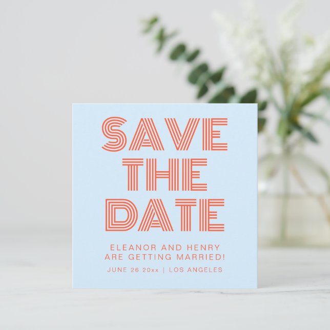 Retro 70er Disco-Typografie Cool Blau Orange Save The Date (Stehend Vorderseite)