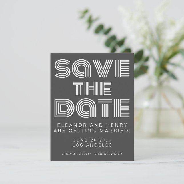 Retro 70er Disco Typografie Schwarz/Weiß Hochzeit Save The Date (Stehend Vorderseite)