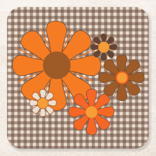 Retro 70er Floral Gingham Vintag Orange und Brown Rechteckiger Pappuntersetzer