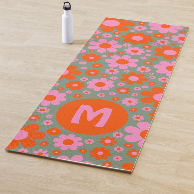 Retro 70er Floral Muster Monogramm Yogamatte (Beispiel)