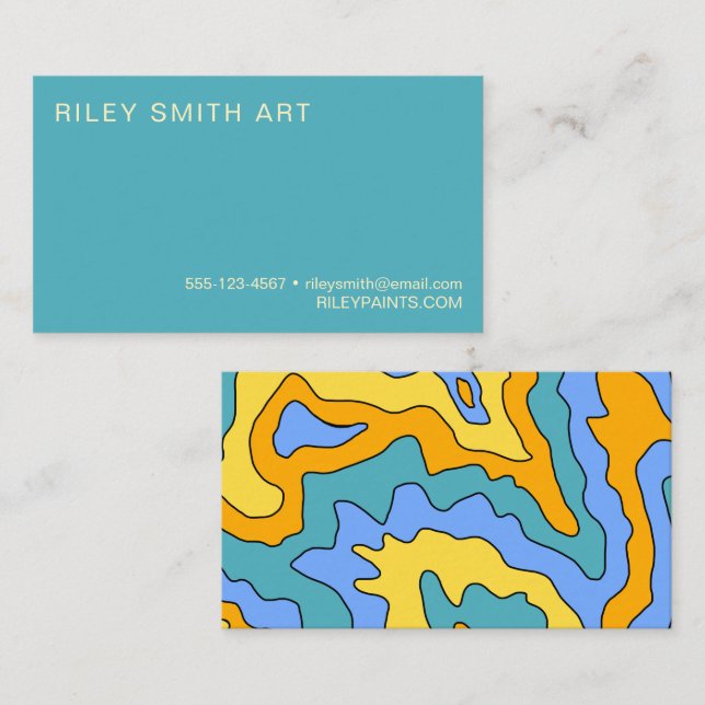 Retro 70er Gelb Blau Abstrakt trendy Visitenkarte (Vorne/Hinten)