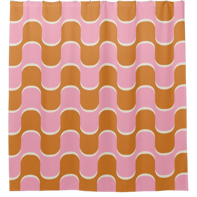 Retro 70er: Gold-Pink Wavy Muster. Duschvorhang (Vorderseite)