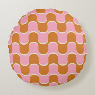 Retro 70er: Gold-Rosa Wellenmuster. Rundes Kissen